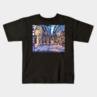 Santiago de Compostela, Vilar Street, illustrations from Galicia way of st james Kids T-Shirt